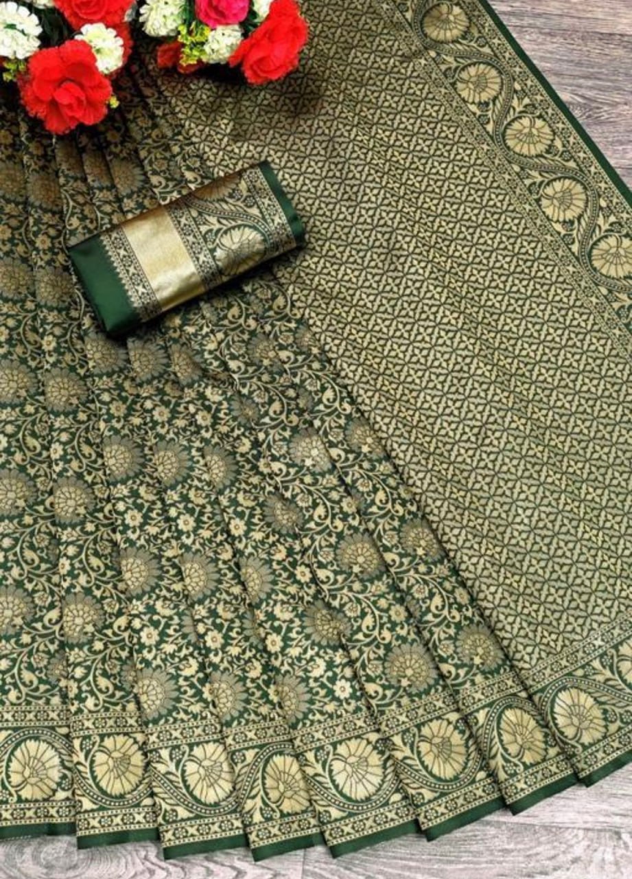 Demure Green Color Soft Banarasi Silk Saree With Elision Blouse Piece